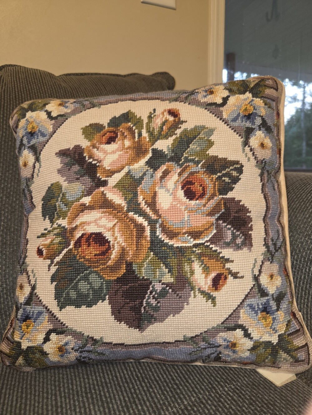 Vintage Needlepoint Rose Floral Pillow 15x15 Cottagecore Shabby Chic Decor